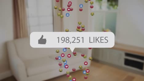 animación de gustos creciente número con iconos emoji sobre el interior de la sala de estar
