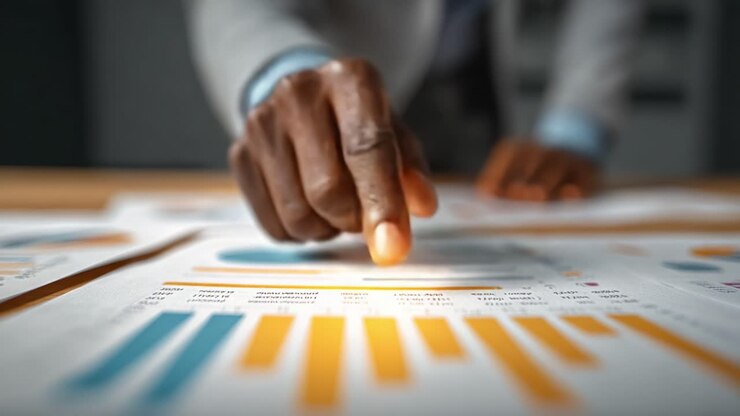 Analyse af finansielle data: Et nærbillede af en forretningsprofessionel, der gennemgår nøglepræstationsindikatorer via detaljerede grafer og diagrammer.