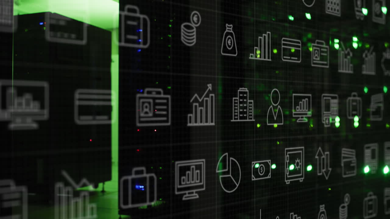 animación de iconos de negocios sobre la sala del servidor