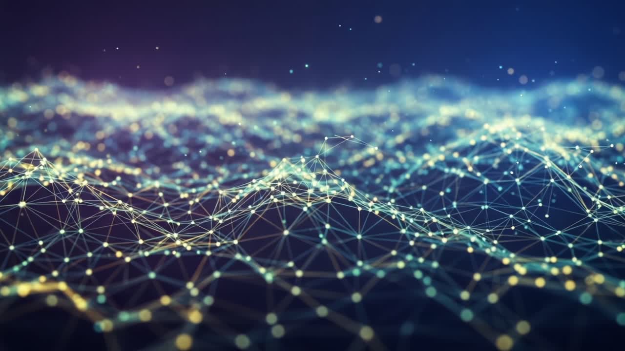 A Stunning Visualization of Abstract Data Waves, Showcasing a Complex Network of Nodes and Connections that Represent the Flow of Information and Energy in a Digital Landscape