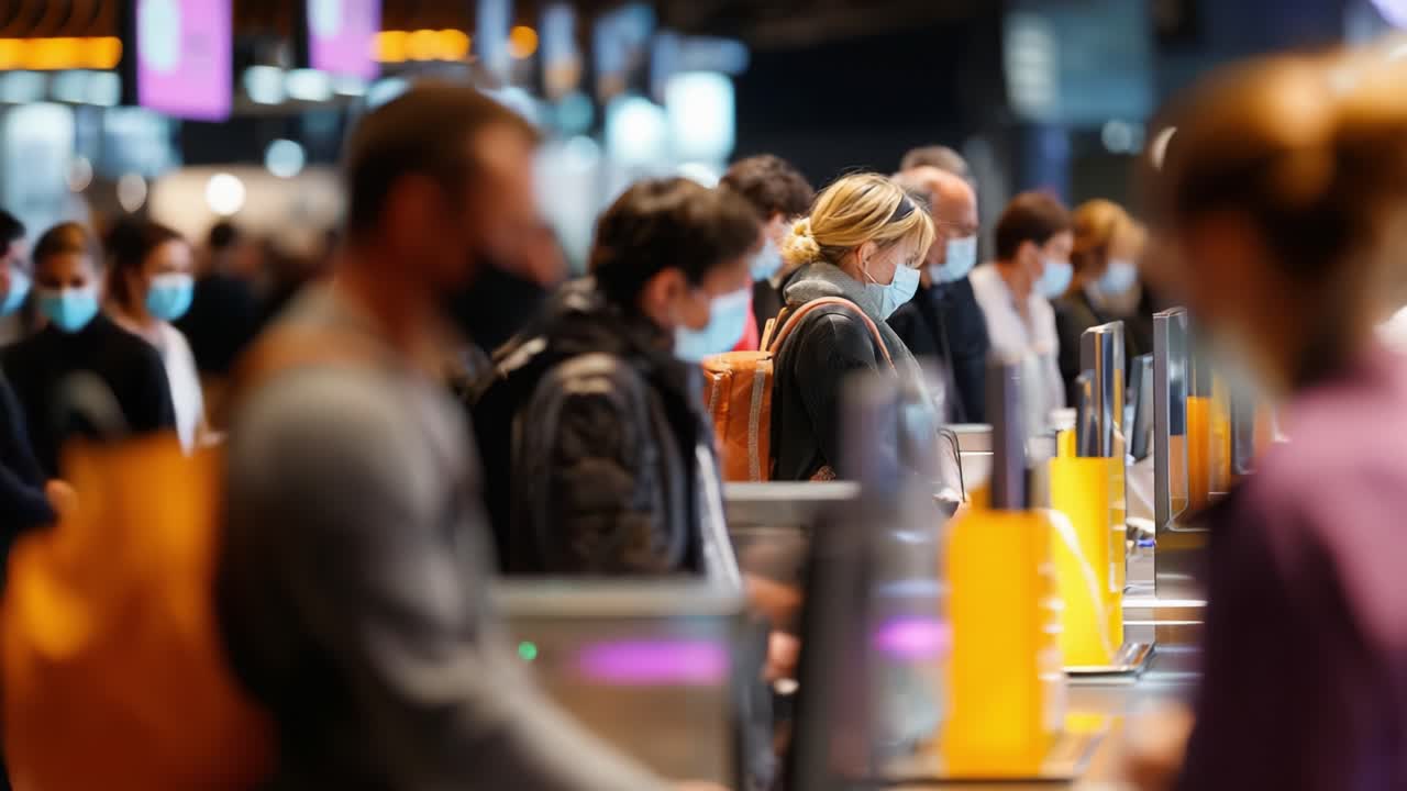 Crowd at Check-In Counters in a Transportation Hub, Showcasing Passengers Wearing Face Masks While Awaiting Their Turn in a Busy Travel Environment, Highlighting Post-Pandemic Travel Behavior
