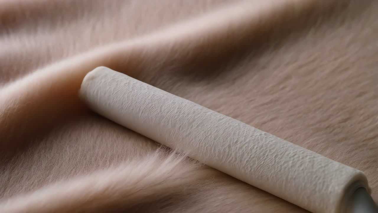 White Cylindrical Object on Soft Beige Furry Texture