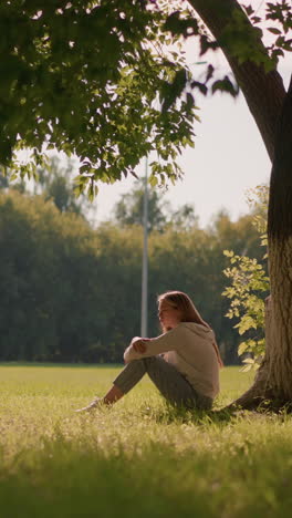 woman sits under tree with arms wrapped around legs, gazing into distance with thoughtful expression, sunlight filters through leaves , with distant trees, and goalpost in background