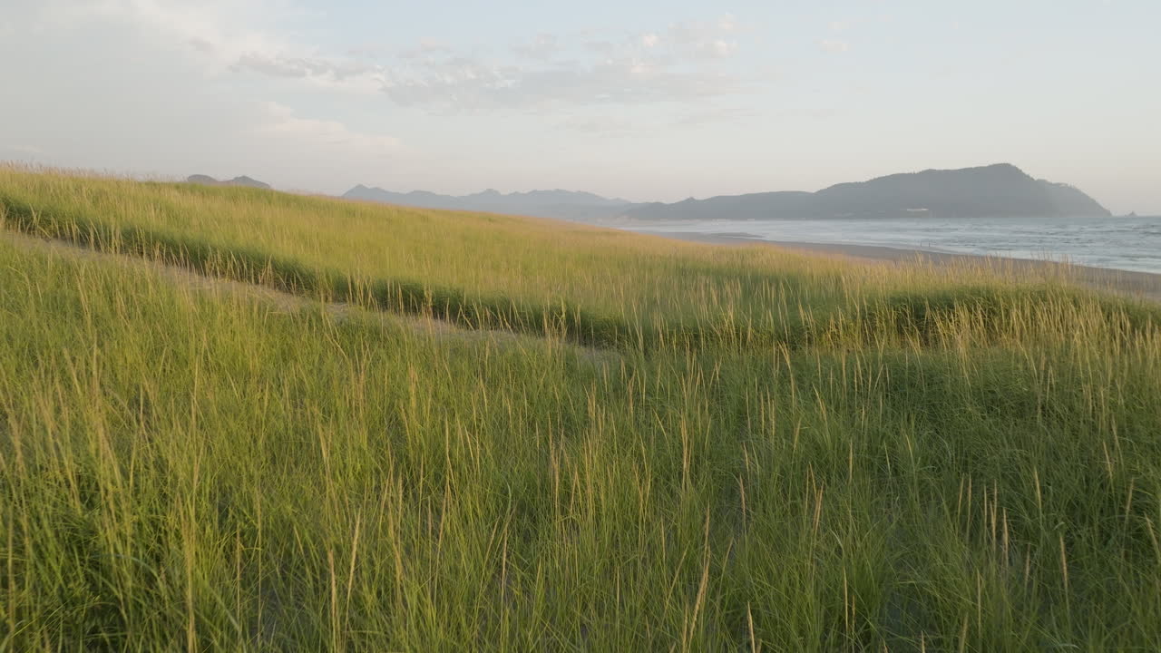 Dolly above sandy grassland plains to pathway connecting top of slope down to beach, slow motion