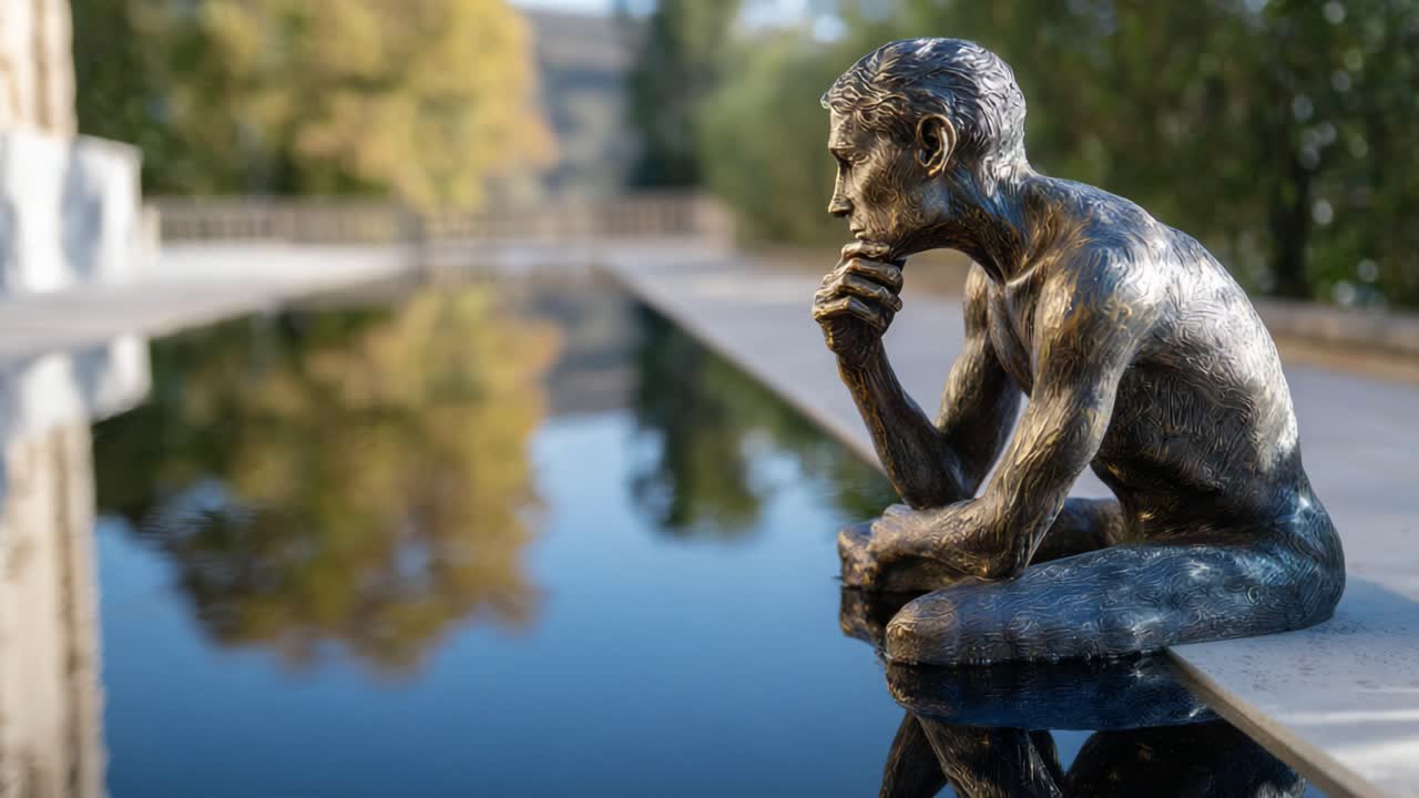 Contemplative Bronze Sculpture Reflecting on Serenity and Surroundings by a Tranquil Pool amidst Lush Nature, Capturing a Still Moment of Deep Thought