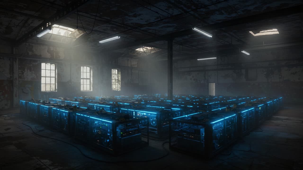 A Vast Remnant of Technology: An Abandoned Warehouse Filled with Rows of Glowing Blue Mining Rigs, Illuminating an Atmospheric Interior with a Mysterious Ambiance