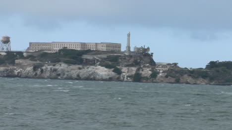 a seagull stands on a wall across from alcatraz island