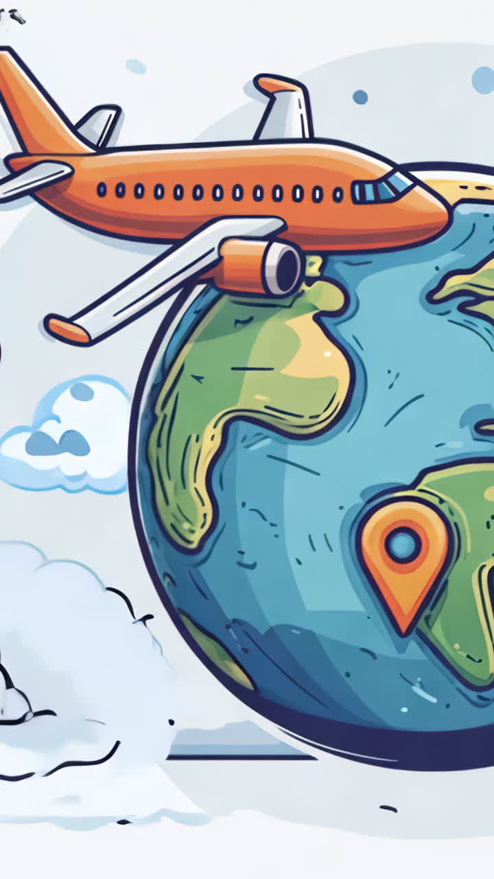 A cartoon drawing of an airplane flying over the earth with two small dots on the globe. The drawing conveys the idea of travel and adventure