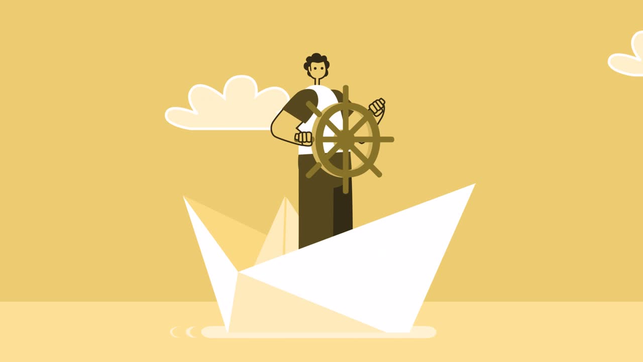 노란색 스타일의 사람이 종이 선박 보트에서 항해하는 평평한 캐릭터. 알파 채널과 함께 고립된 루프 애니메이션