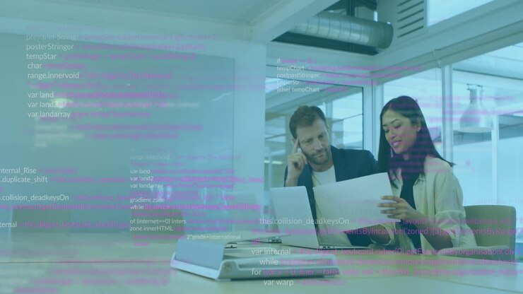Animation of data processing over diverse colleagues discussing work in office