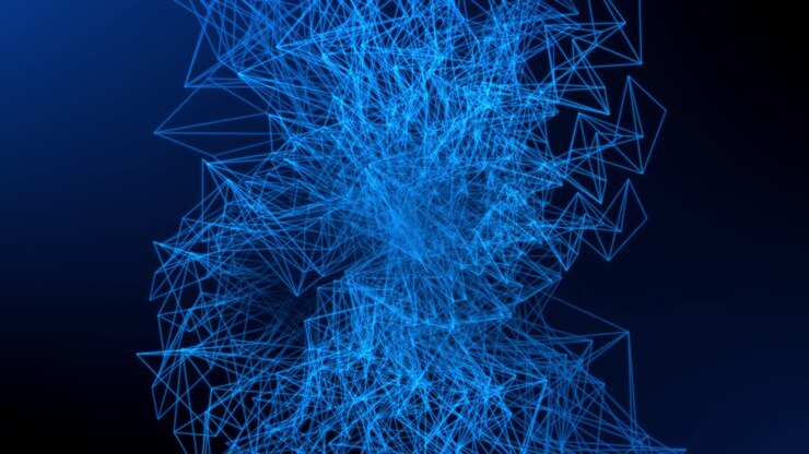 Connecting blue lines in space forming an integrated complex and abstract moving mesh