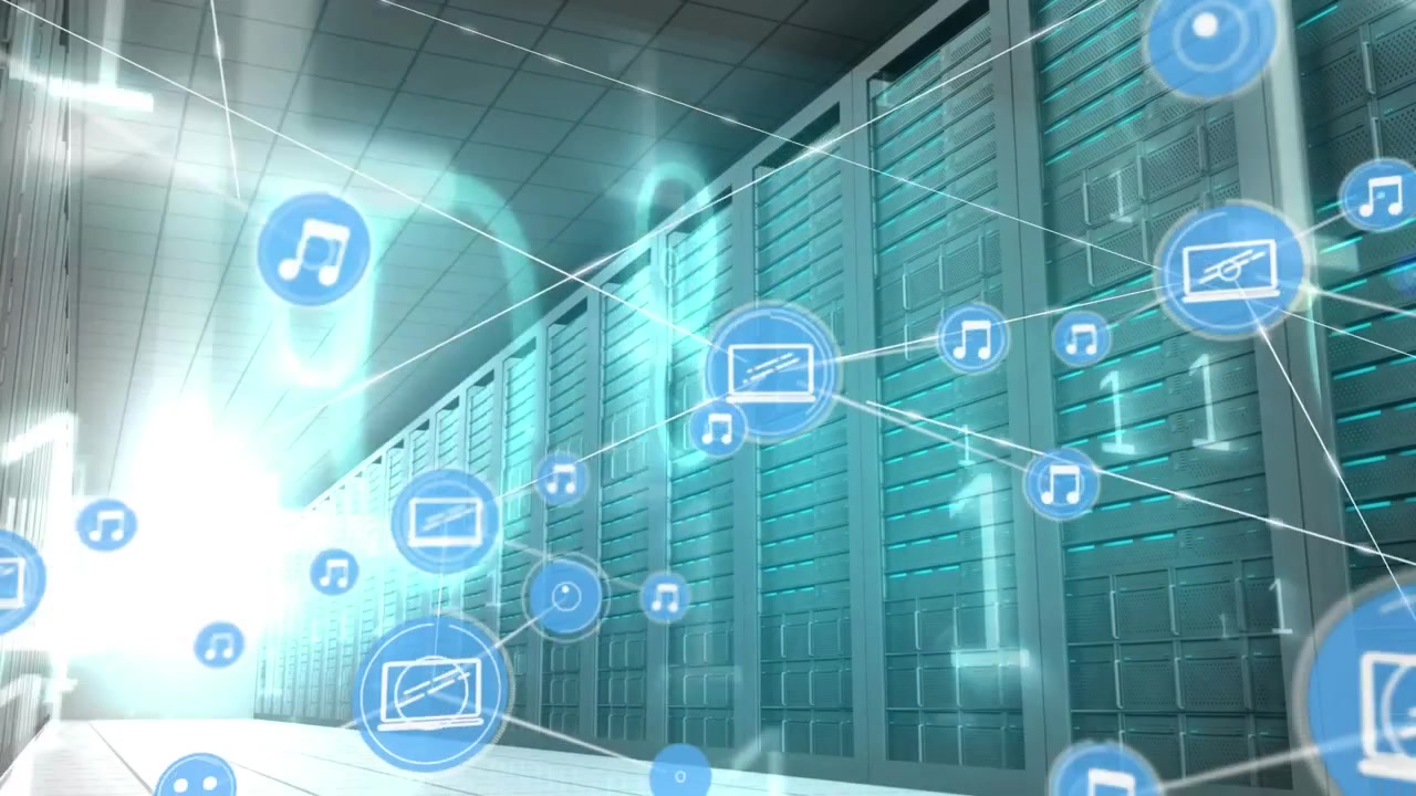 Animation of network of connections with icons and data processing over server room