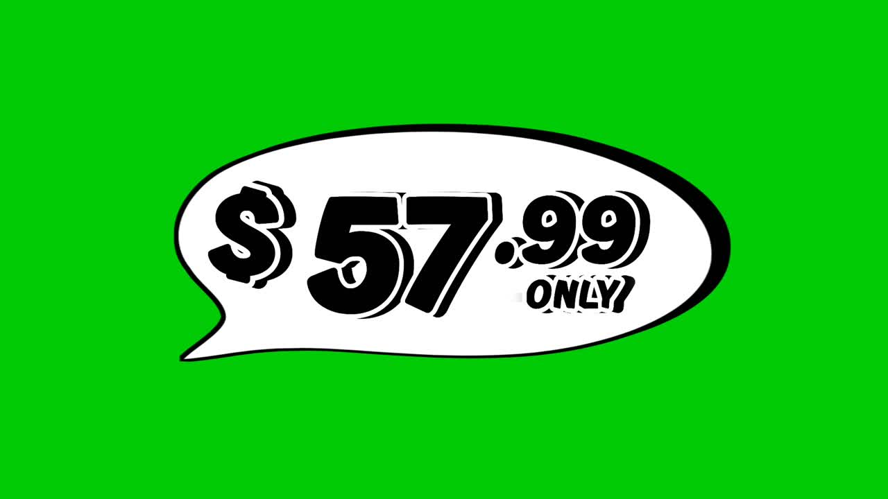 Animazione con cartellino del prezzo di 57,99 $ in grafica in movimento a forma di fumetto su sfondo verde. Perfetta per pubblicità, e-commerce, vendita al dettaglio, sconti e video esplicativi di concetti aziendali promozionali