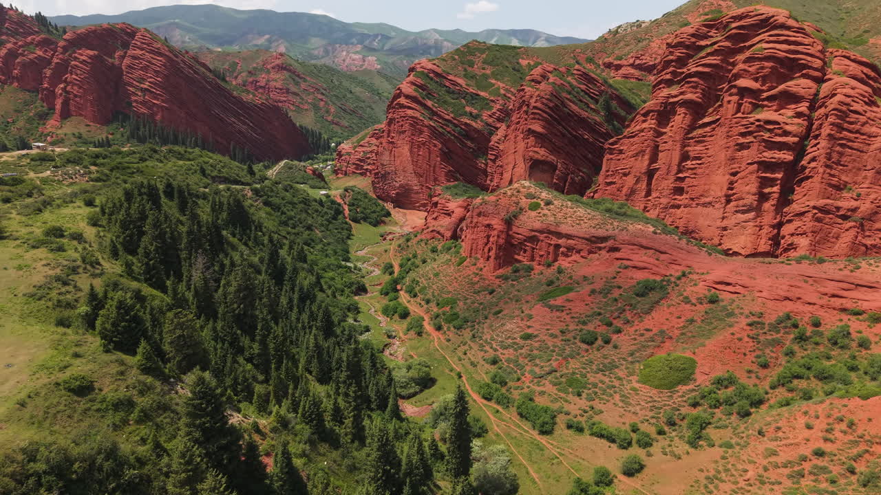 Jeti-Oguz Rocks, Striking Red Sandstone Formation In Issyk-Kul Region Of Kyrgyzstan, Central Asia. Aerial Drone Shot
