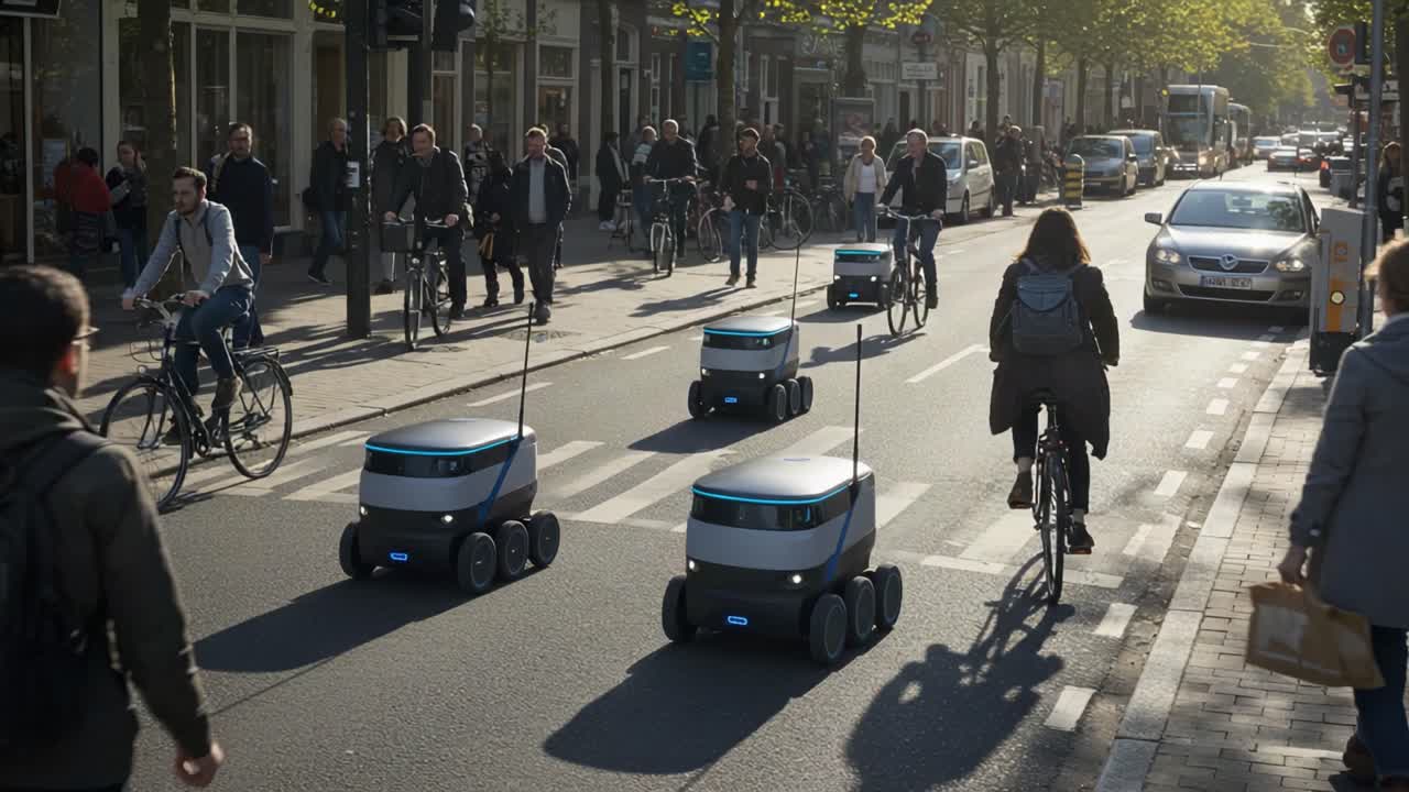 A bustling urban street scene showcasing autonomous delivery robots navigating among cyclists and pedestrians, highlighting the integration of technology into daily life