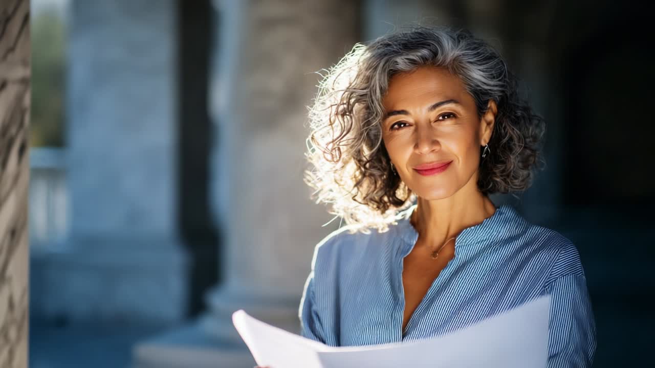 A confident woman with curly gray hair stands gracefully holding a piece of paper, radiating positivity in a well-lit, elegant setting that enhances her serene expression and thoughtful demeanor