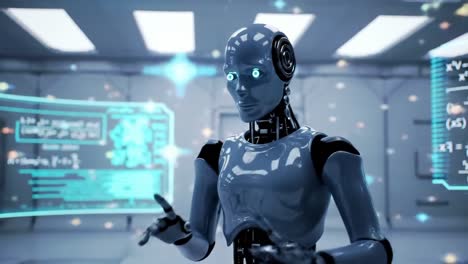 a futuristic robot conducting calculations and engaging with interactive data in a high-tech laboratory environment