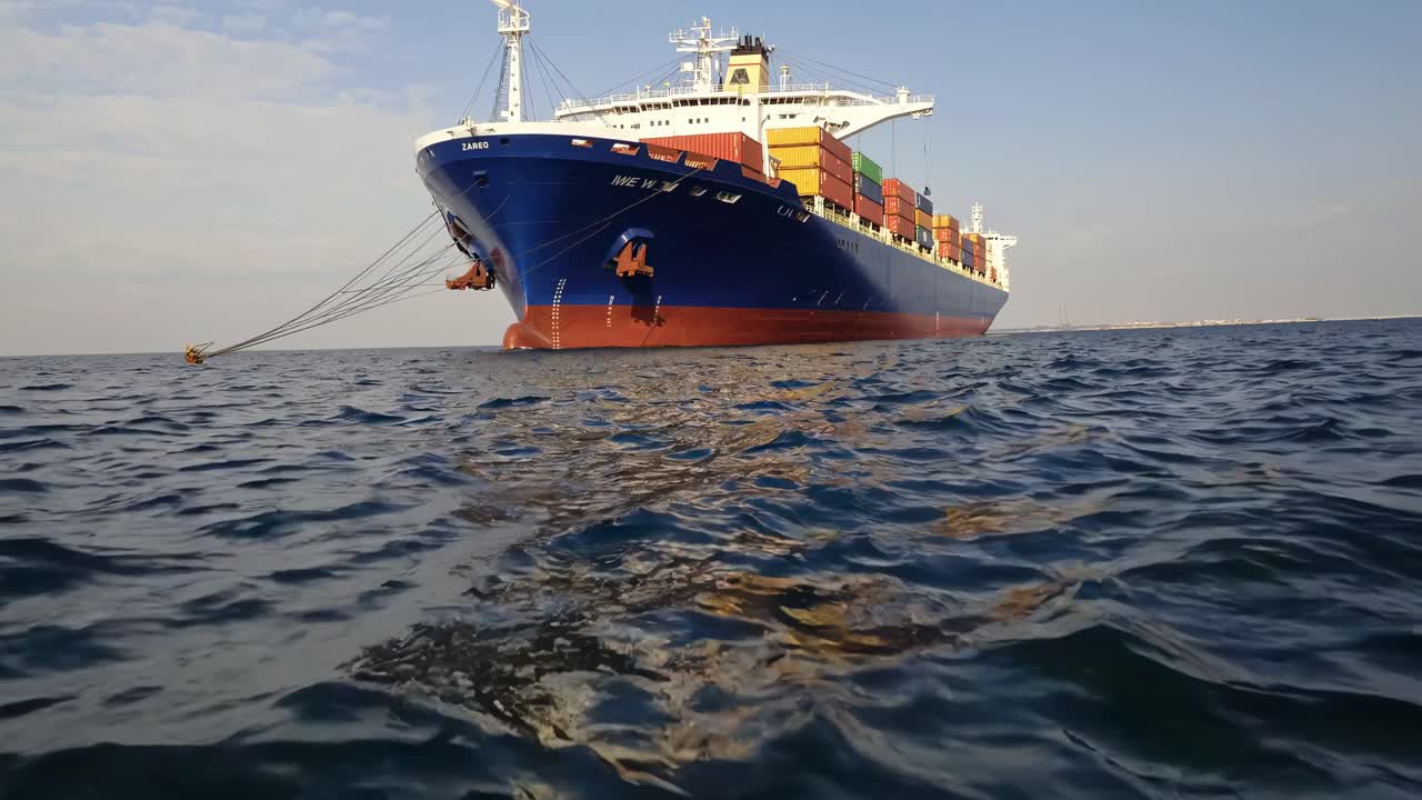 un enorme buque de contenedores que se desliza suavemente a través de las tranquilas aguas oceánicas, proyectando reflejos dorados de la luz solar en la ondulante superficie marítima