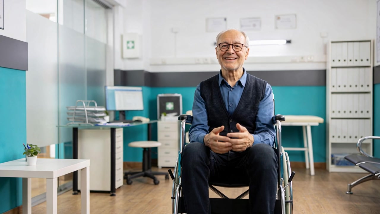 Älterer Mann im Rollstuhl reagiert auf Aufforderung, gestikuliert und lächelt in der Klinik, blaues Hemd, Weste.