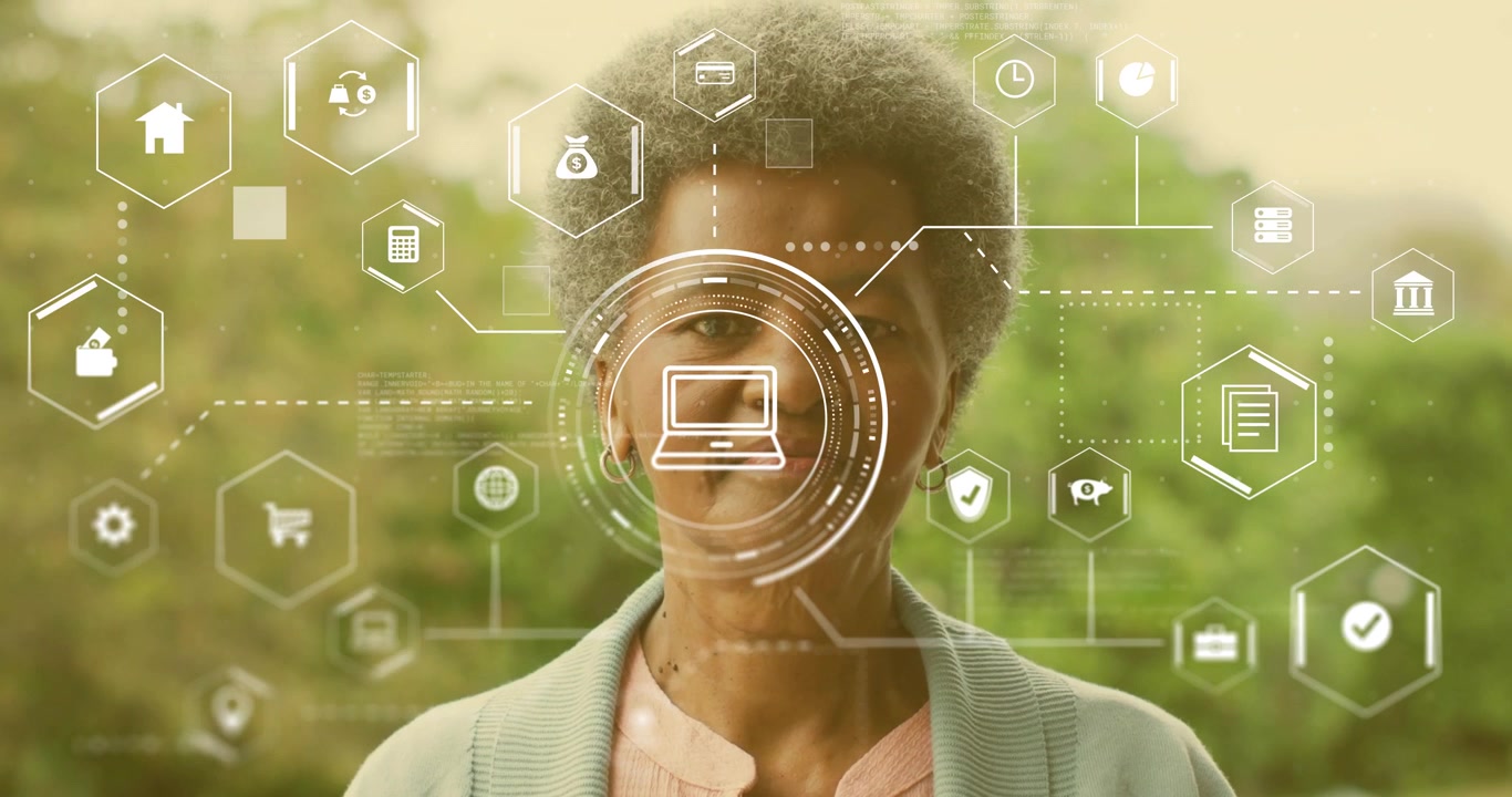 HUD appearing on woman's eye, expanding reticle revealing laptop icon and forming finance network