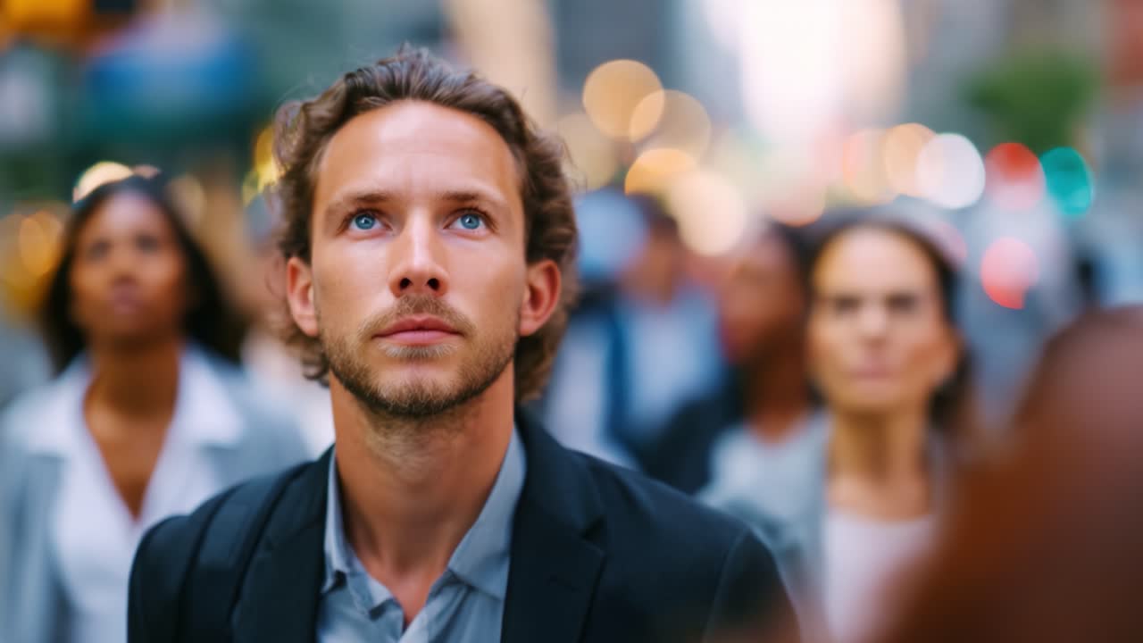 Un uomo riflessivo in un vivace ambiente cittadino osserva ciò che lo circonda, catturando l'essenza della vita urbana e della connessione umana tra la folla