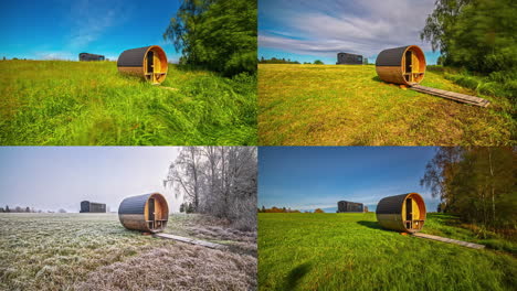 round wooden sauna barrel building in rural landscape in all four seasons of year, fusion time lapse