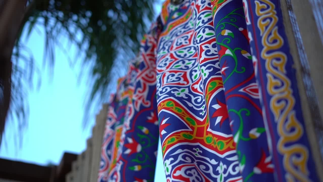 A colorful curtain with traditional Middle Eastern patterns, close up shot
