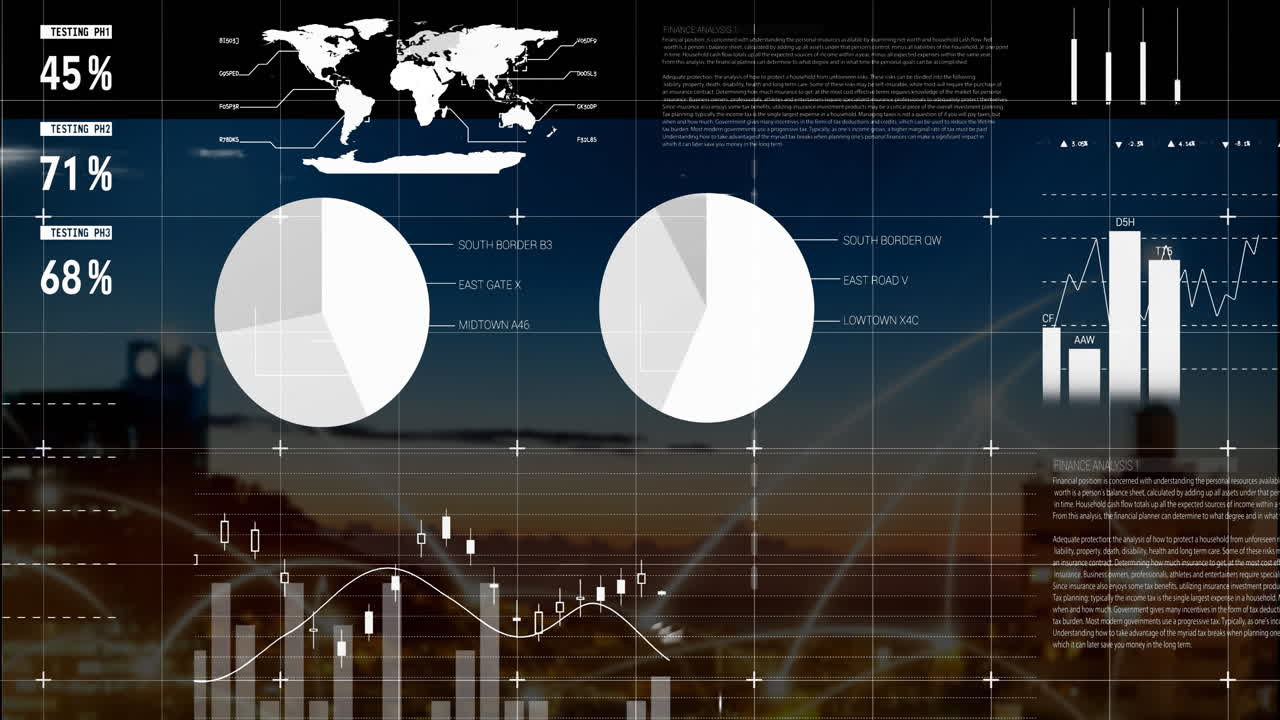 Overlaying landscape background, charts and graphs in animation for data visualization