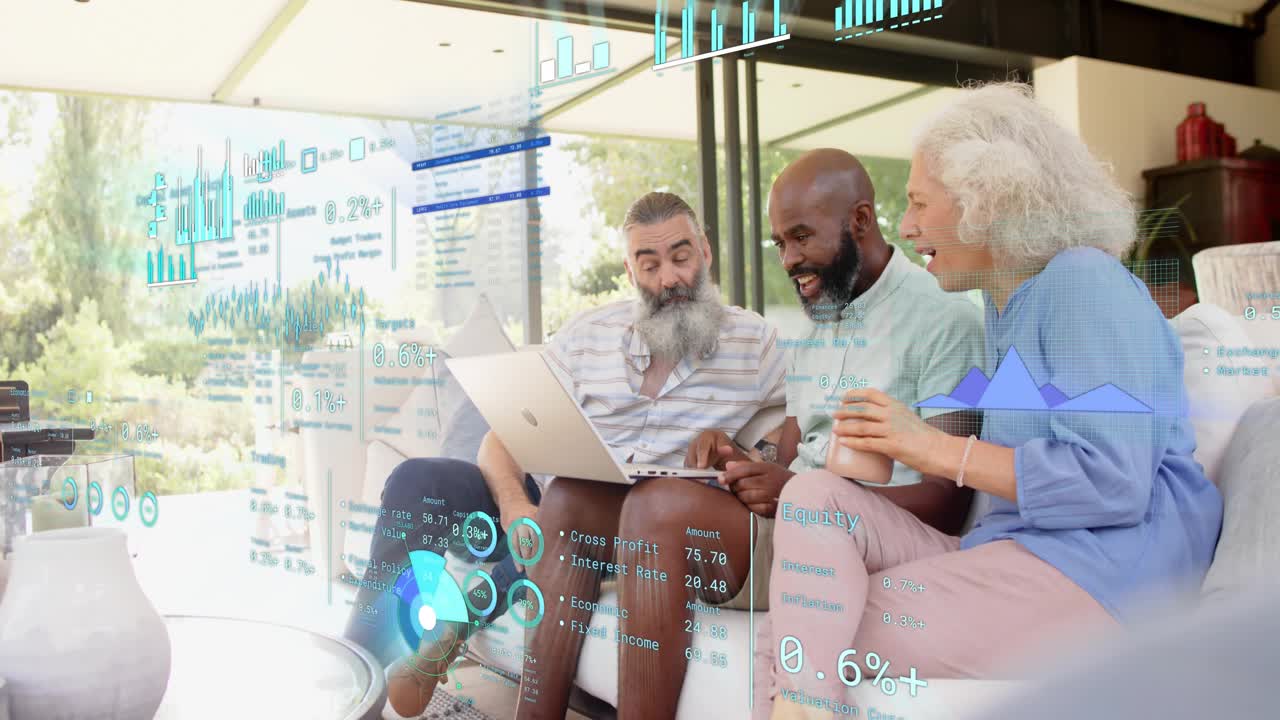 Three colleagues on patio center man tapping laptop and initiating finance HUD graphs for reviewing