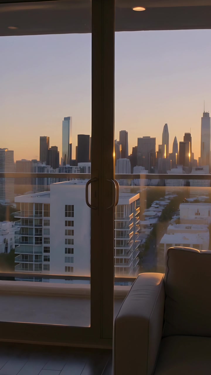 Vertical video: Camera filming center sliding door and skyline in apt, capturing sun lowering glow