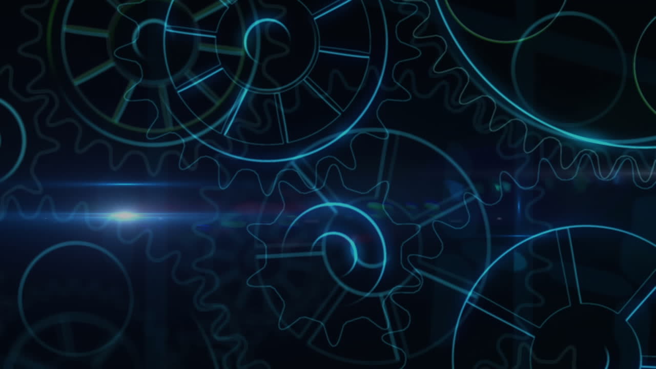 Animation of moving mechanical gears over lens flares against black background