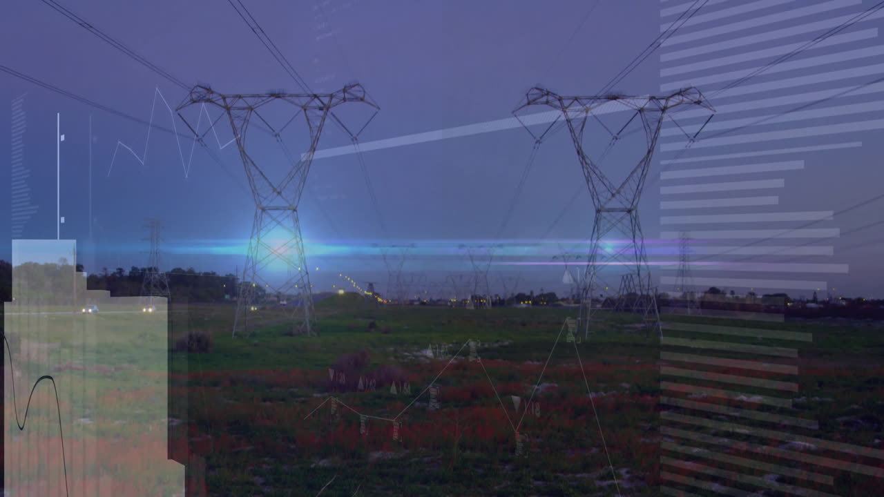 High-voltage transmission towers being visualized in dusk field, with data charts and arrows