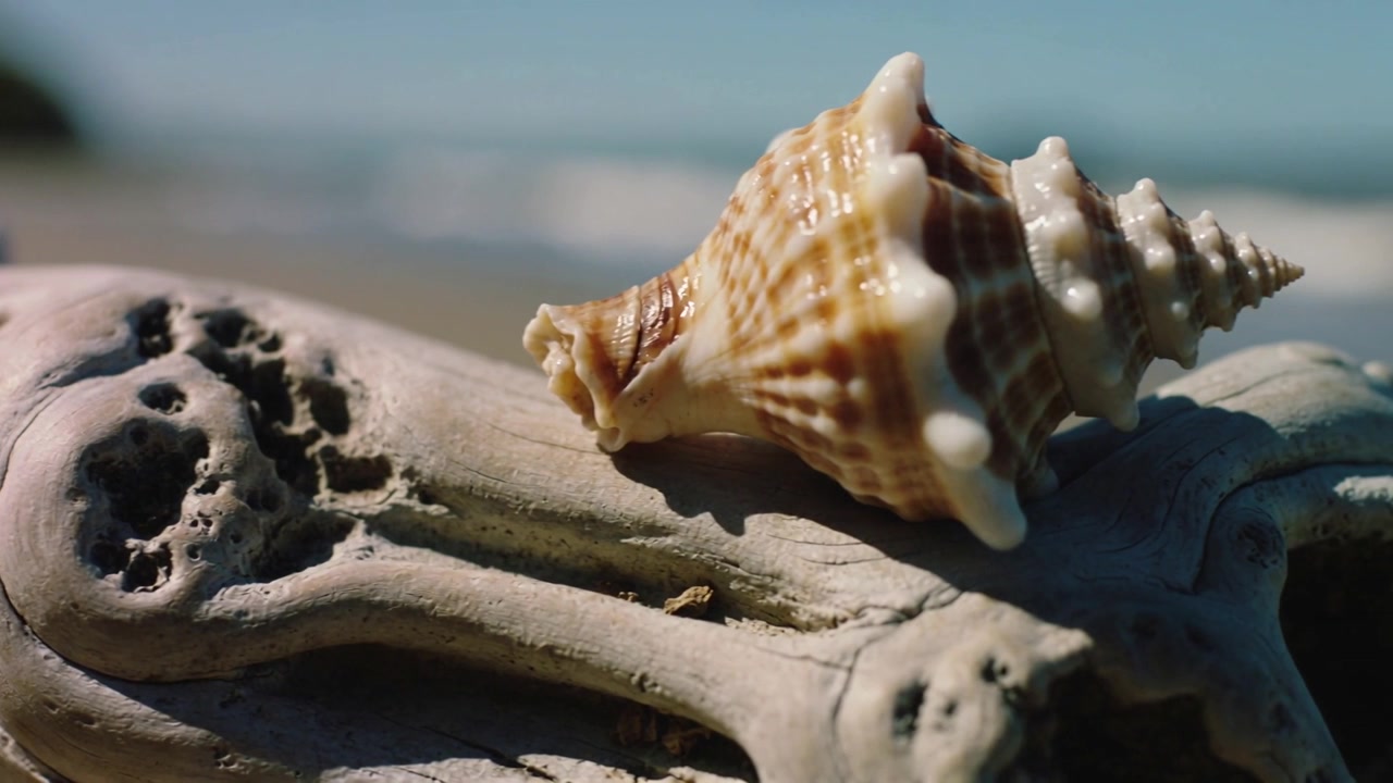 Pulling camera racking focus along spiral seashell on driftwood at shoreline, showing glossy knobs