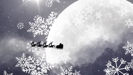 Snowflakes-falling-over-santa-claus-in-sleigh-being-pulled-by-reindeers-against-moon-in-night-sky