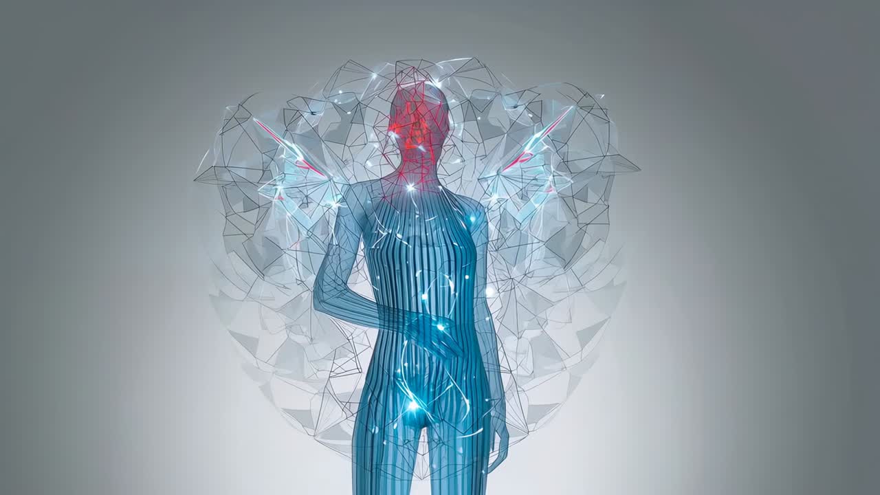 Pulsing nodes initiating translucent avatar turning torso and head at studio for neural display