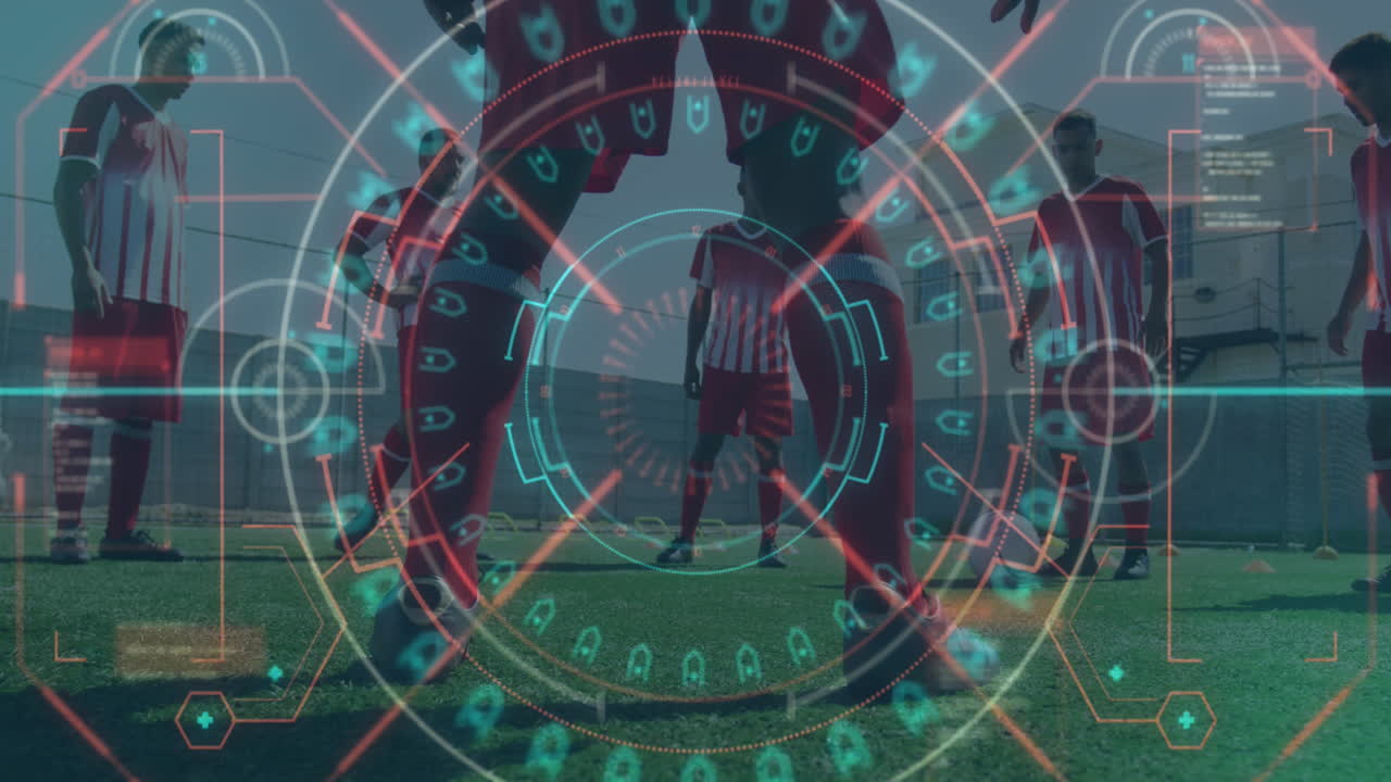 데이터 프로세싱과 반 ⁇ 이는 둥근 스캐너와 남성 축구 선수 팀이 함께 훈련