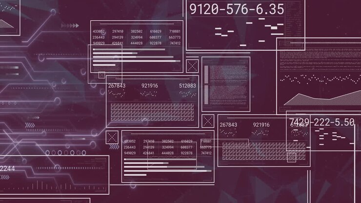 Animation of financial data processing on screens over dark background