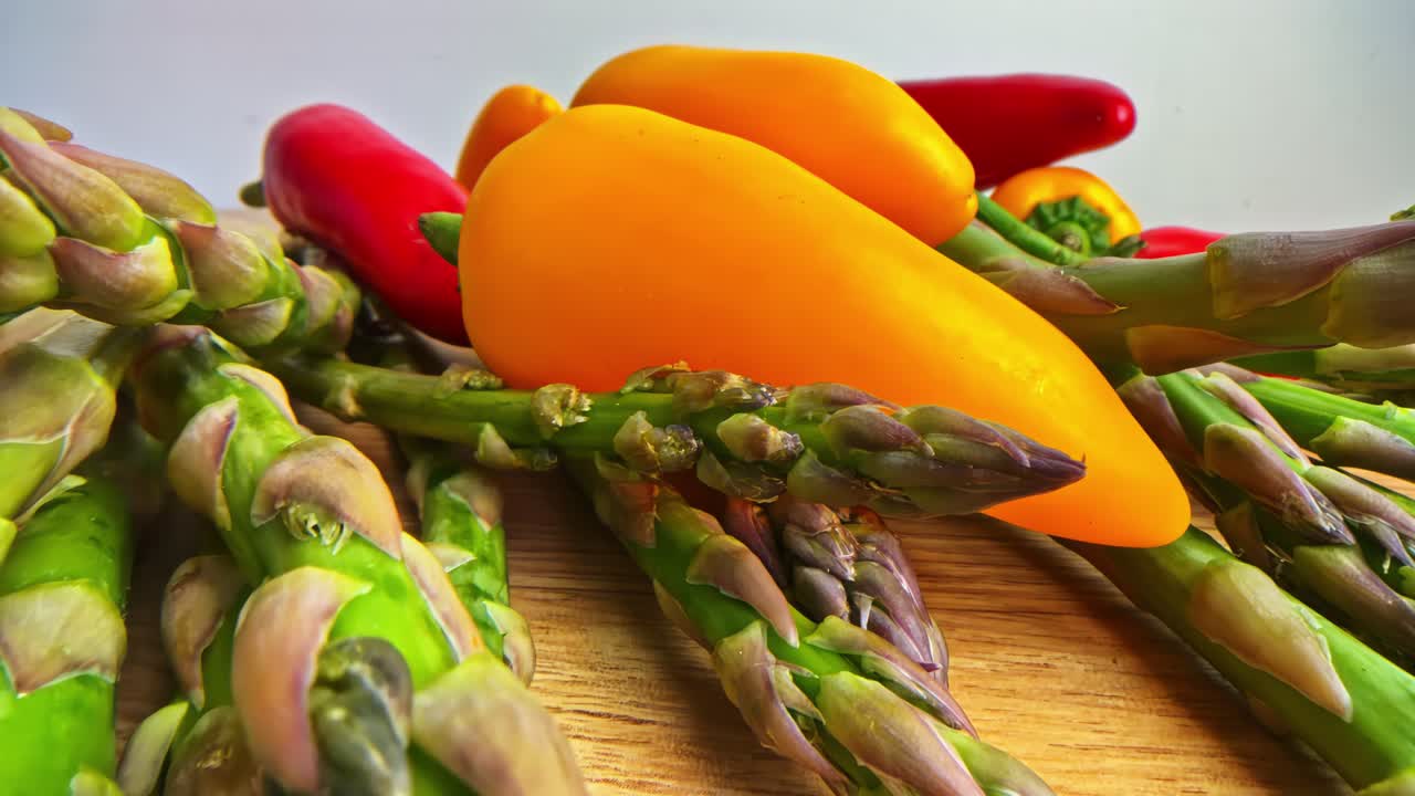 Scorrimento laterale su asparagi verdi con peperoni gialli e rossi su una tavola di legno