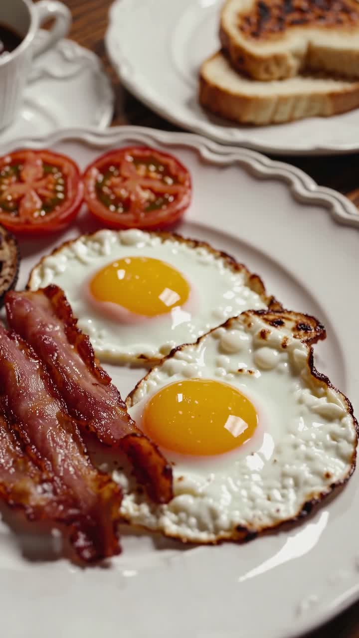 Video ravvicinato di una colazione classica con uova fritte, pancetta croccante e pomodori a fette su un piatto.
