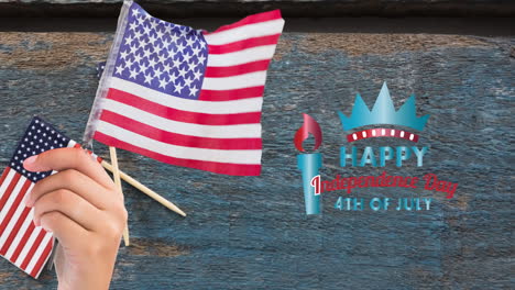 animation of happy independence 4th of july text over person holding american flag