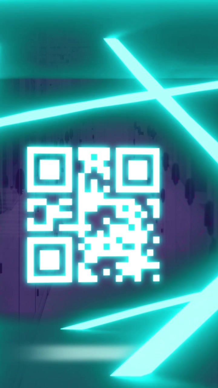 Animation of glowing neon and qr code flickering over computer servers