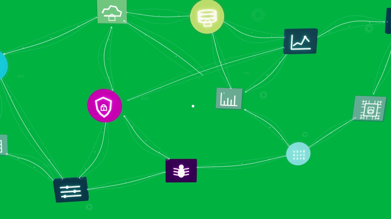 Nodo magenta che emerge, formando una rete su sfondo trasparente, con un hub di protezione e un collegamento server che mostra i link
