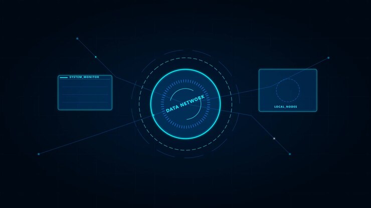 Digitale datanetwerkinterface met roterende HUD-elementen