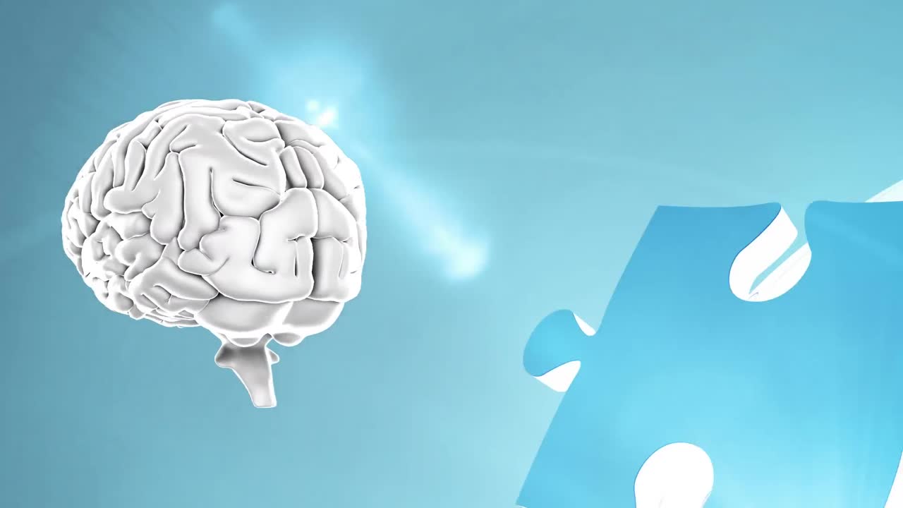 Animation af roterende hjerne over blå baggrund med globus lavet af puslespil