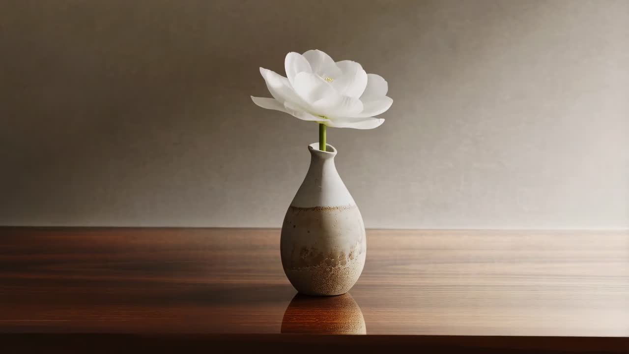 Elegant White Flower in a Rustic Vase on a Wooden Table