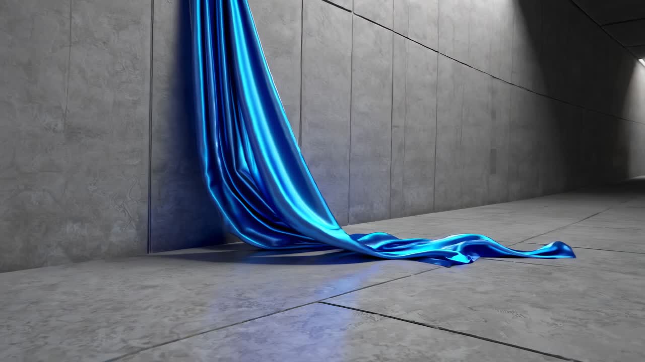 Tessuto Blu Drappeggiato in un Moderno Corridoio di Cemento