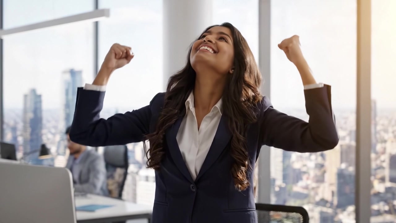 Una mujer profesional segura de sí misma trabajando en un entorno de oficina moderno, irradiando positividad y entusiasmo en medio de una impresionante vista del horizonte de la ciudad.