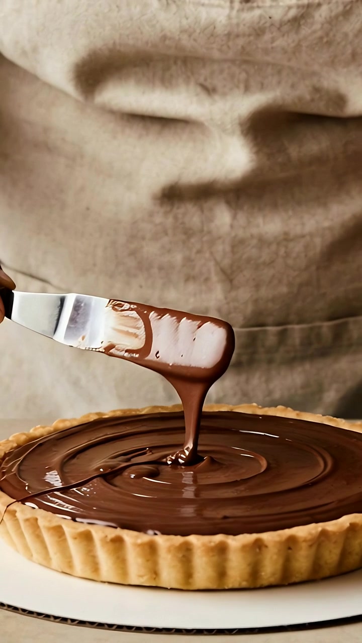 Video verticale: Spatola che cola ganache, pasticcere/a con grembiule che leviga una crostata su un tagliere per una finitura lucida.