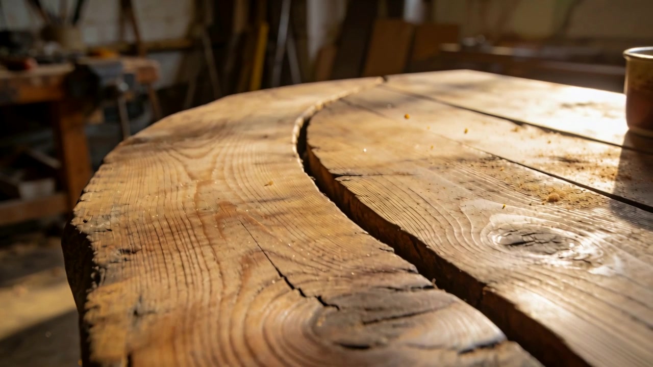 Pulling back camera revealing large round wooden slab at woodworking shop to reveal grain and cup