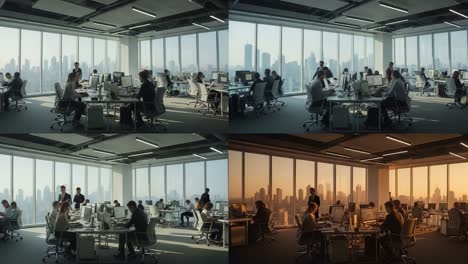 a dynamic office environment transitioning from daylight to evening, showcasing employees engaged in various activities while surrounded by cityscape views